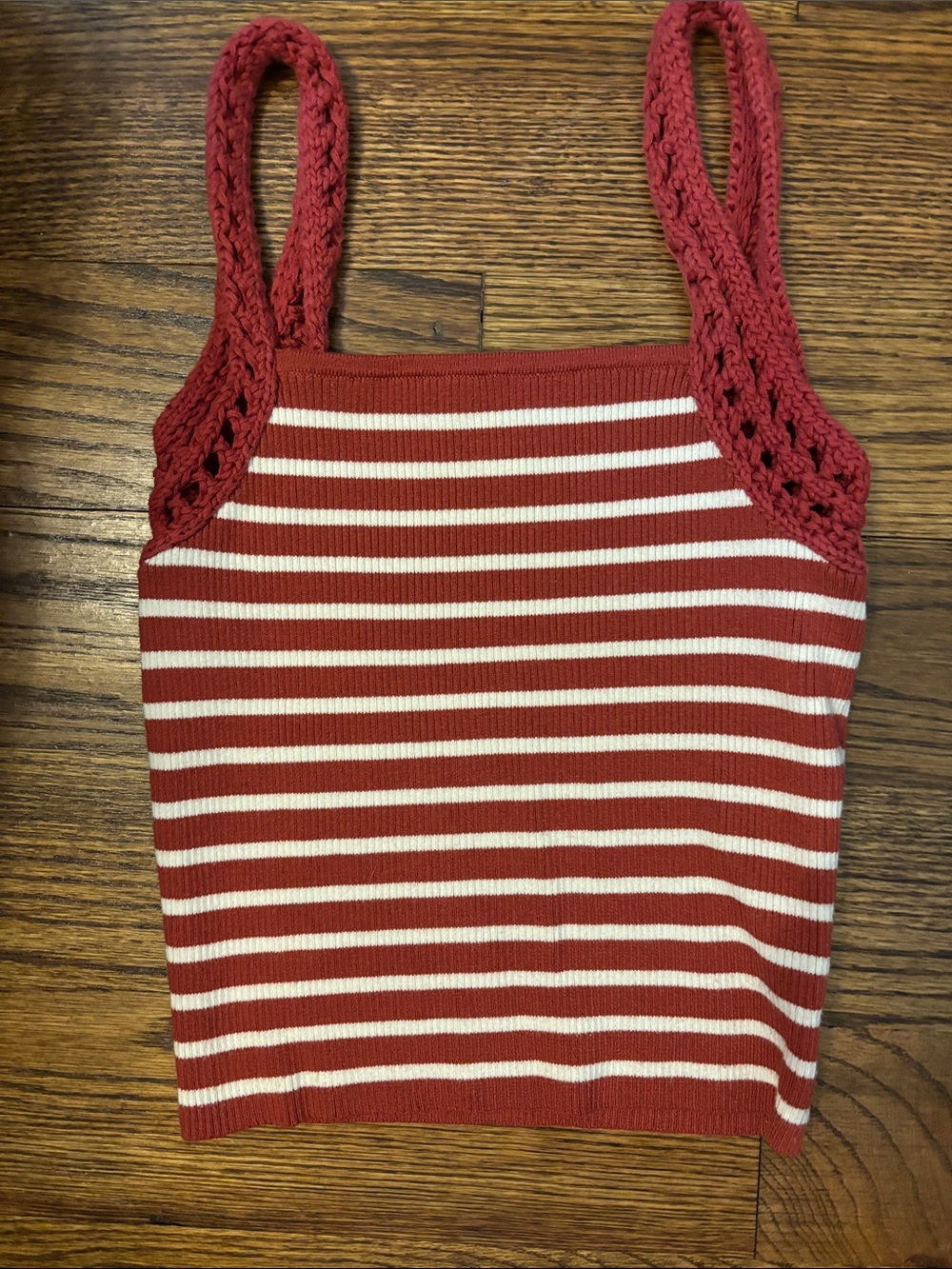 aerie Red and White Striped Rib Knit Cami with Crocheted Straps